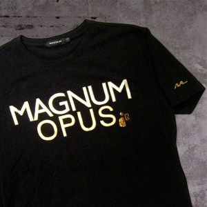 event premium tee, front side, gold foil huge logo | British Fashion Retail Brand – Magnum London :: Event Magnum Opus 2008