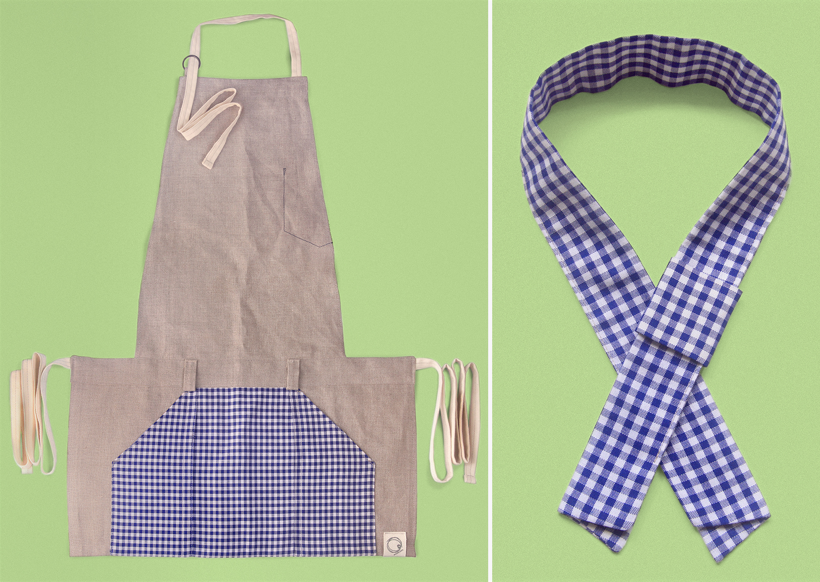 neckerchief top view, kindergarten inspired accessories merchandising, styling, uniform design, apron, blue white gingham check, zakka | Art Space with Vegetarian Café in Hong Kong : : Retail Identity and Zakka Creation