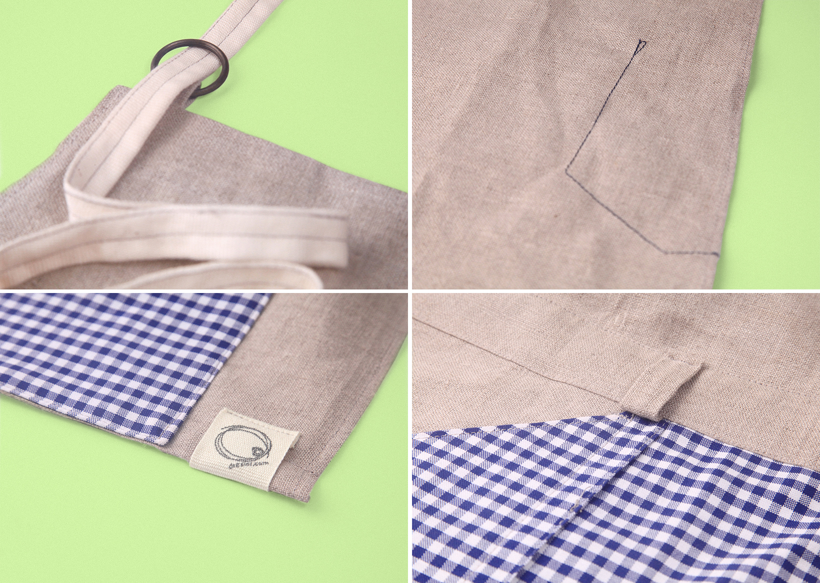 details view x 4, linen fabric, kindergarten inspired accessories merchandising, styling, uniform design, apron, blue white gingham check, zakka | Art Space with Vegetarian Café in Hong Kong : : Retail Identity and Zakka Creation