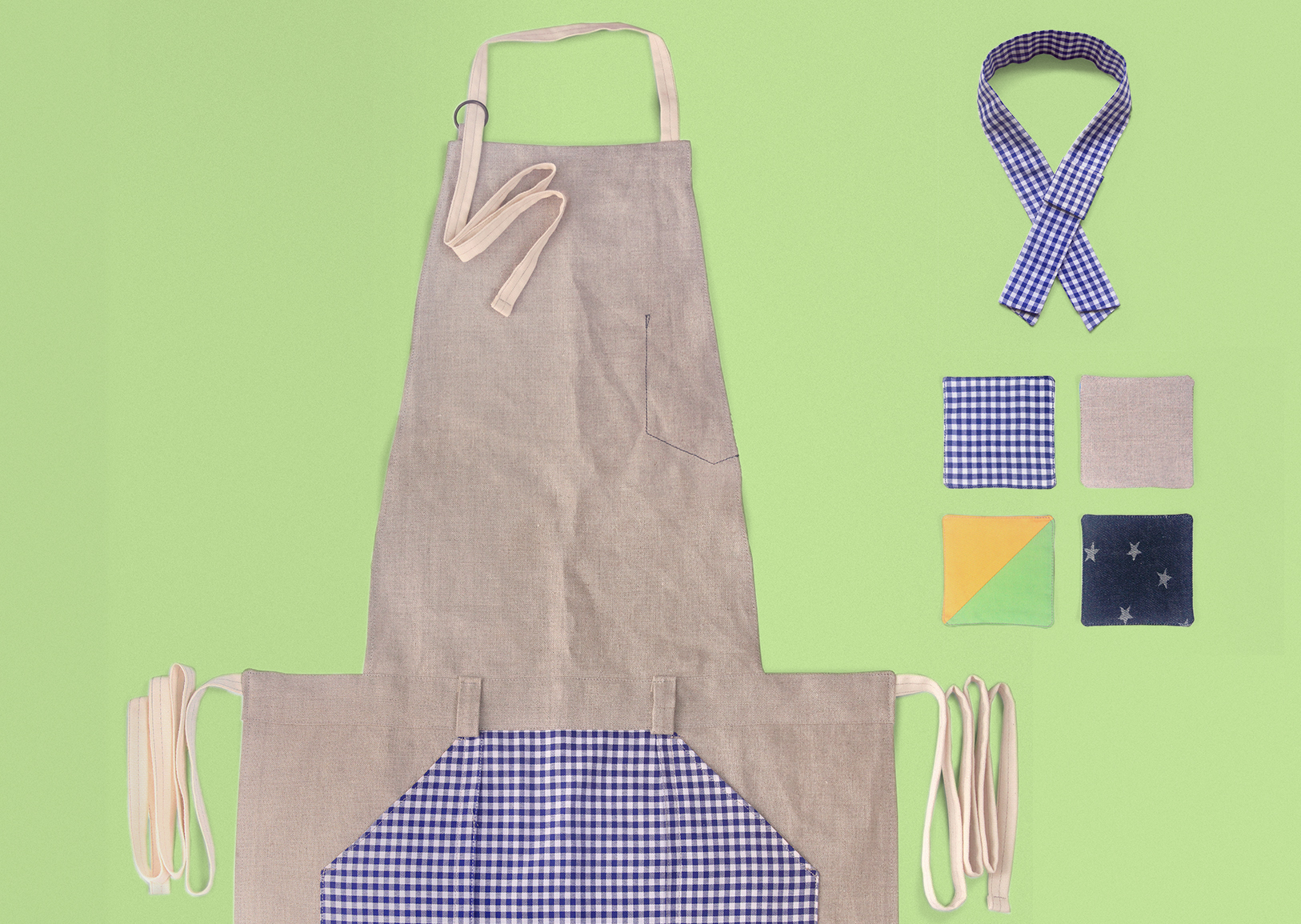Art Space with Vegetarian Café in Hong Kong : : Retail Identity and Zakka Creation (apron, blue white gingham check, necherchief, 4 cup mats)