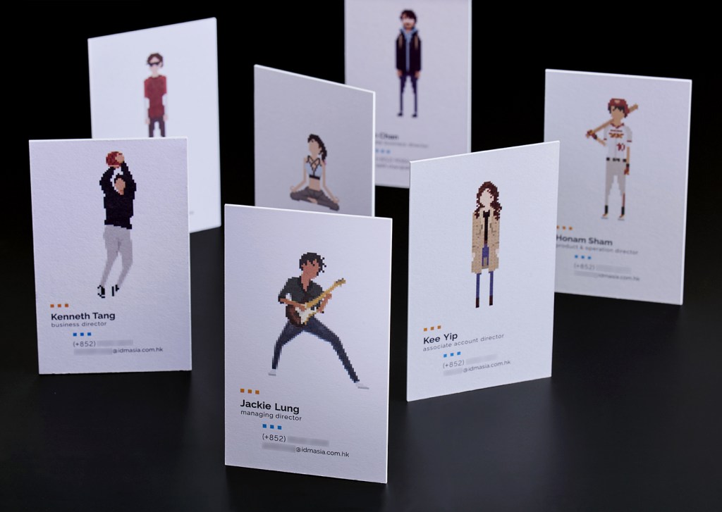 A leading Asian Digital Marketing Agency Brand based in Hong Kong and office in South Korea :: Identity Revamp and New Business Card Design :: business card, name card, 7 executives, standing random, dynamic branding, personalisation pixelated figures of every individuals, black table top, anglar view