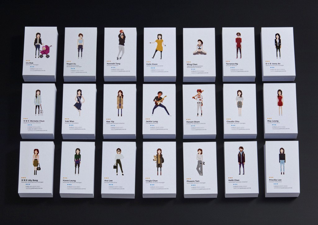 A leading Asian Digital Marketing Agency Brand based in Hong Kong and office in South Korea :: Identity Revamp and New Business Card Design :: business card, name card, 21 decks, dynamic branding, personalisation pixelated figures of every individuals, black table top, flat top view